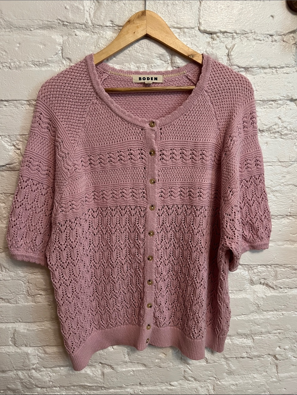 Boden Mauve Pink Openwork Button-Front Short Sleeve Cardigan - Picture 2 of 6